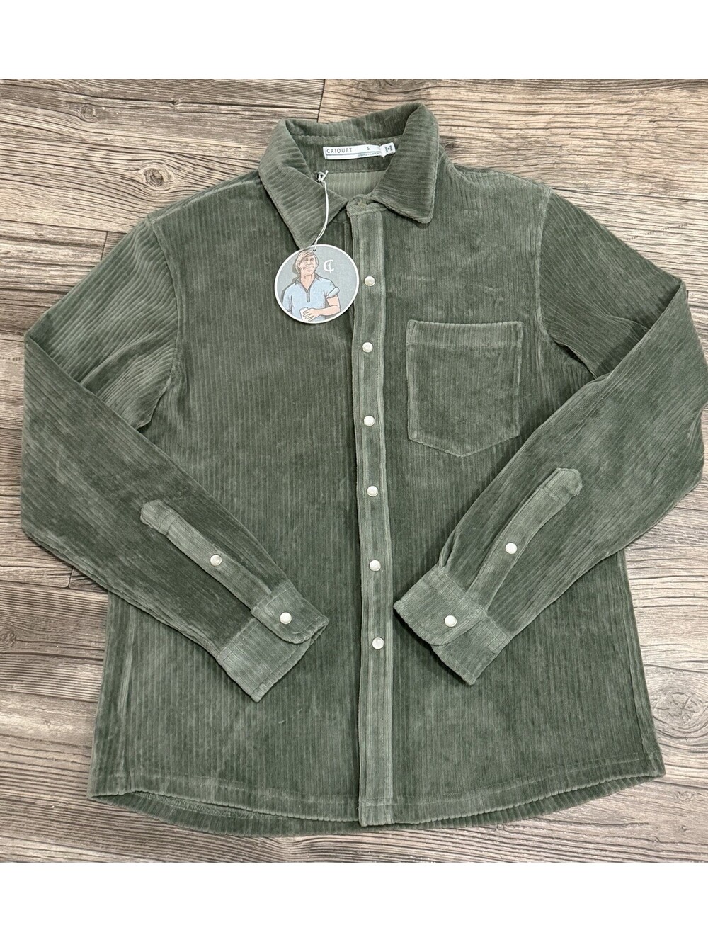 Criquet Corduroy Shirt Mens Small Pearl Snap Up Long Sleeve Olive Green NWT